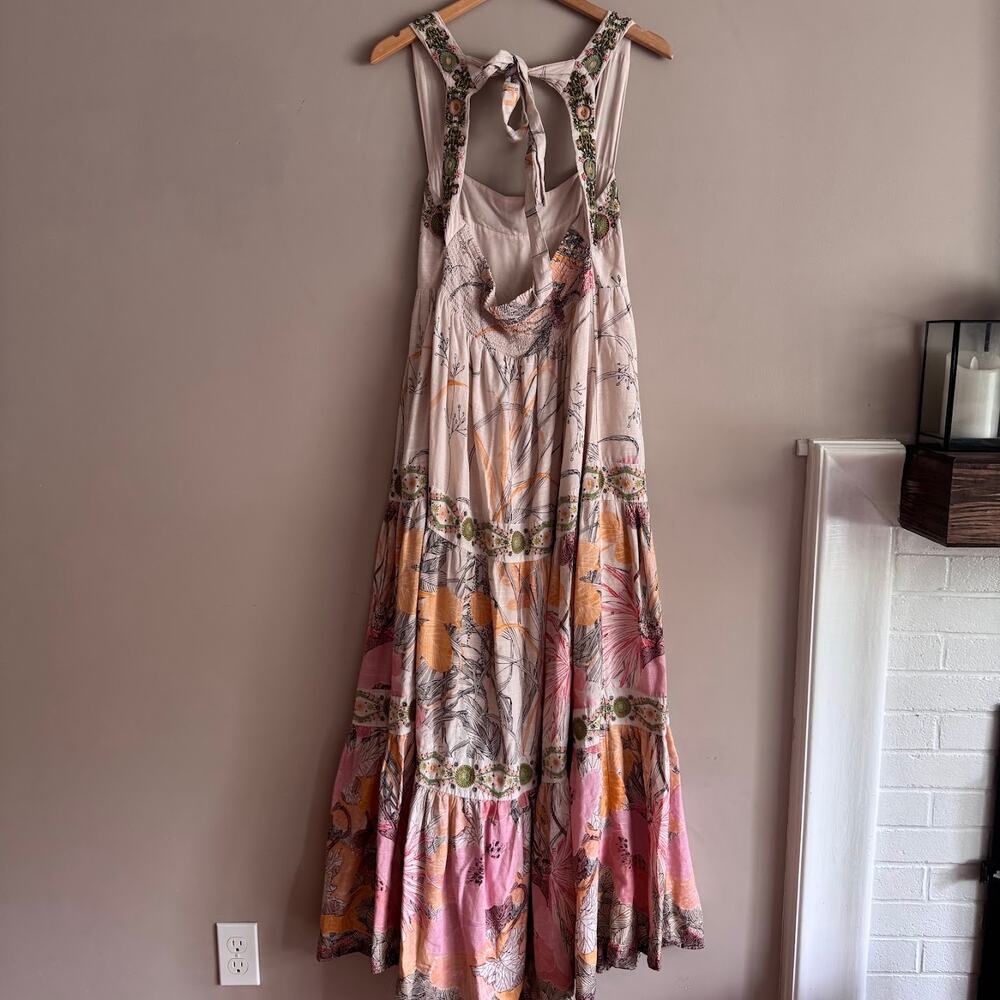 By Anthropologie Embroidered Square-Neck Floral Tiered Maxi Dress Beaded Boho L - Picture 10 of 10